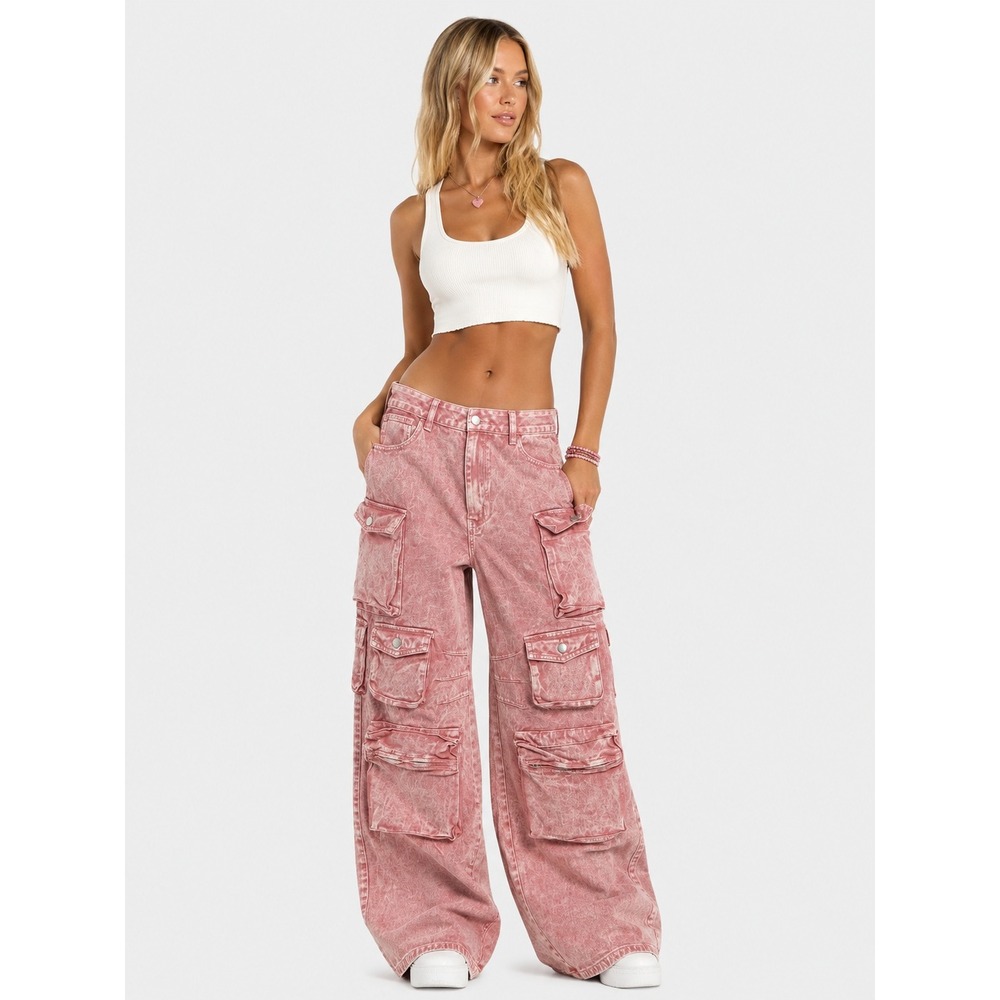 Fashion Nova Pink 100% Cotton Cargo Pockets Y2K Wide Leg Jeans 11 L 31 New